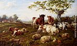 Sheep Canvas Paintings - Resting Cattle, Sheep And Deer, A Farm Beyond